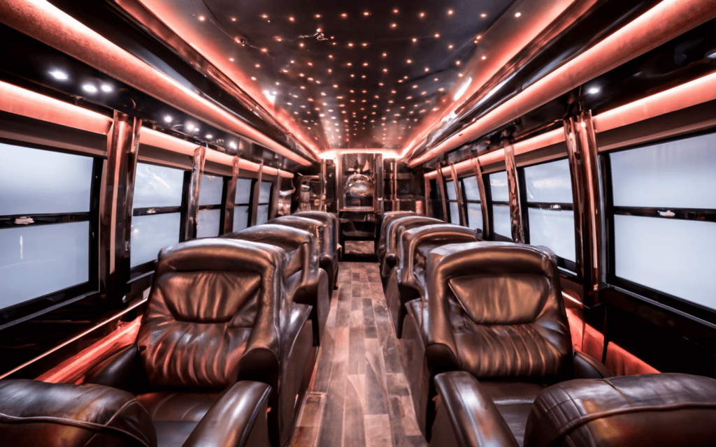 Interior of a luxurious tour bus with comfortable seating